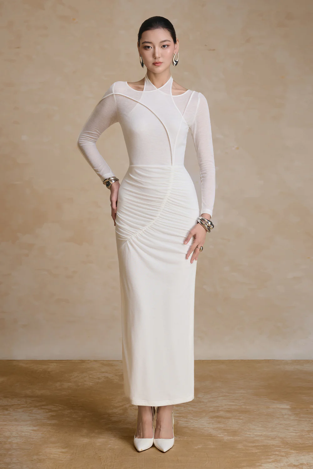 Fiery Asymmetric Neck Gathering Maxi Dress