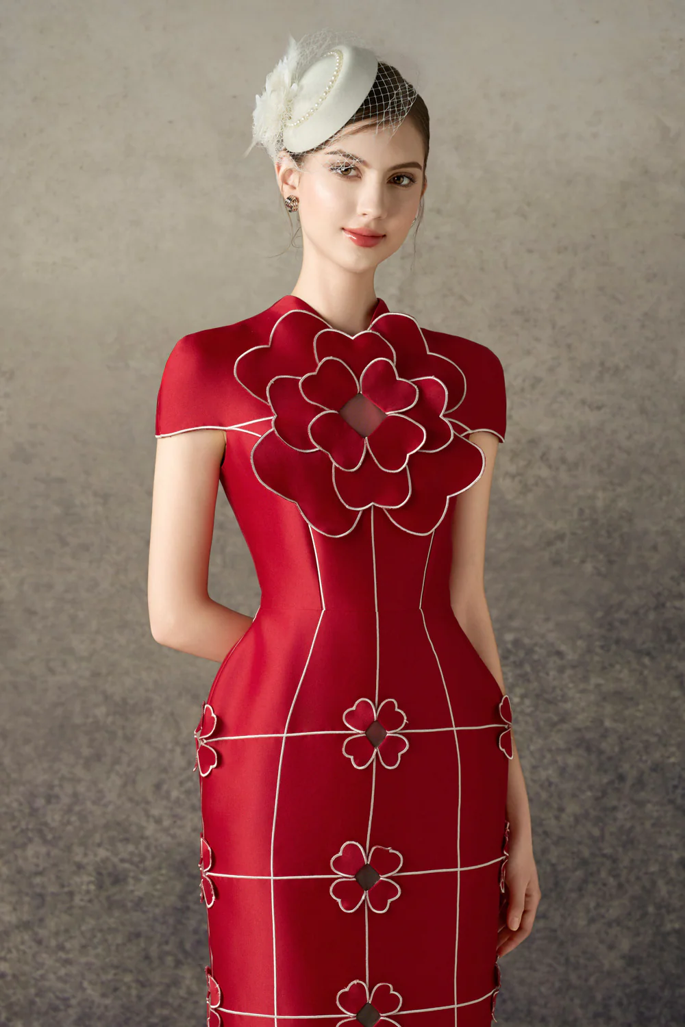 Solenya Pencil Flower Applique Taffeta Midi Dress