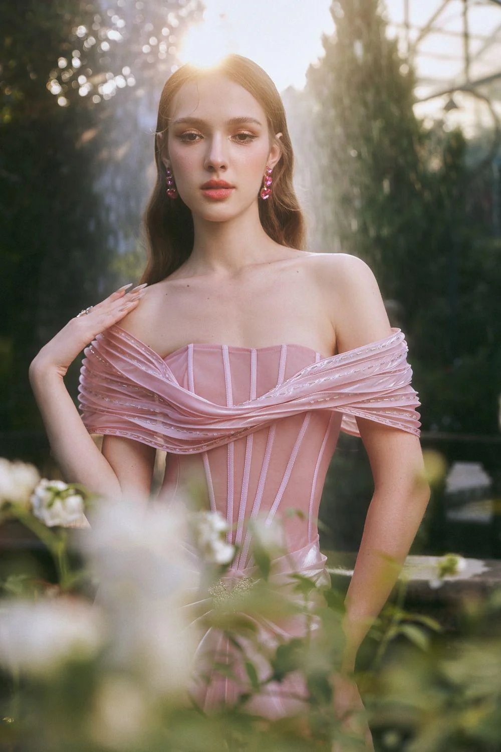 Tracy Sarong Off-Shoulder Chiffon Ankle Length Dress