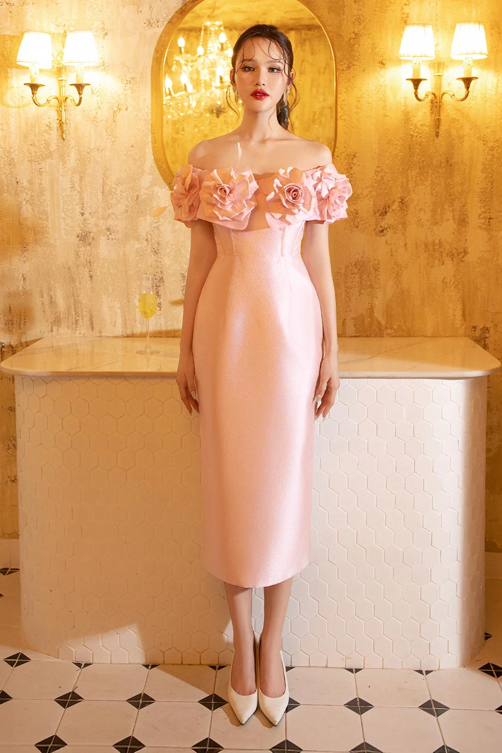 Riri Rose Hourglass Off-Shoulder Taffeta Midi Dress