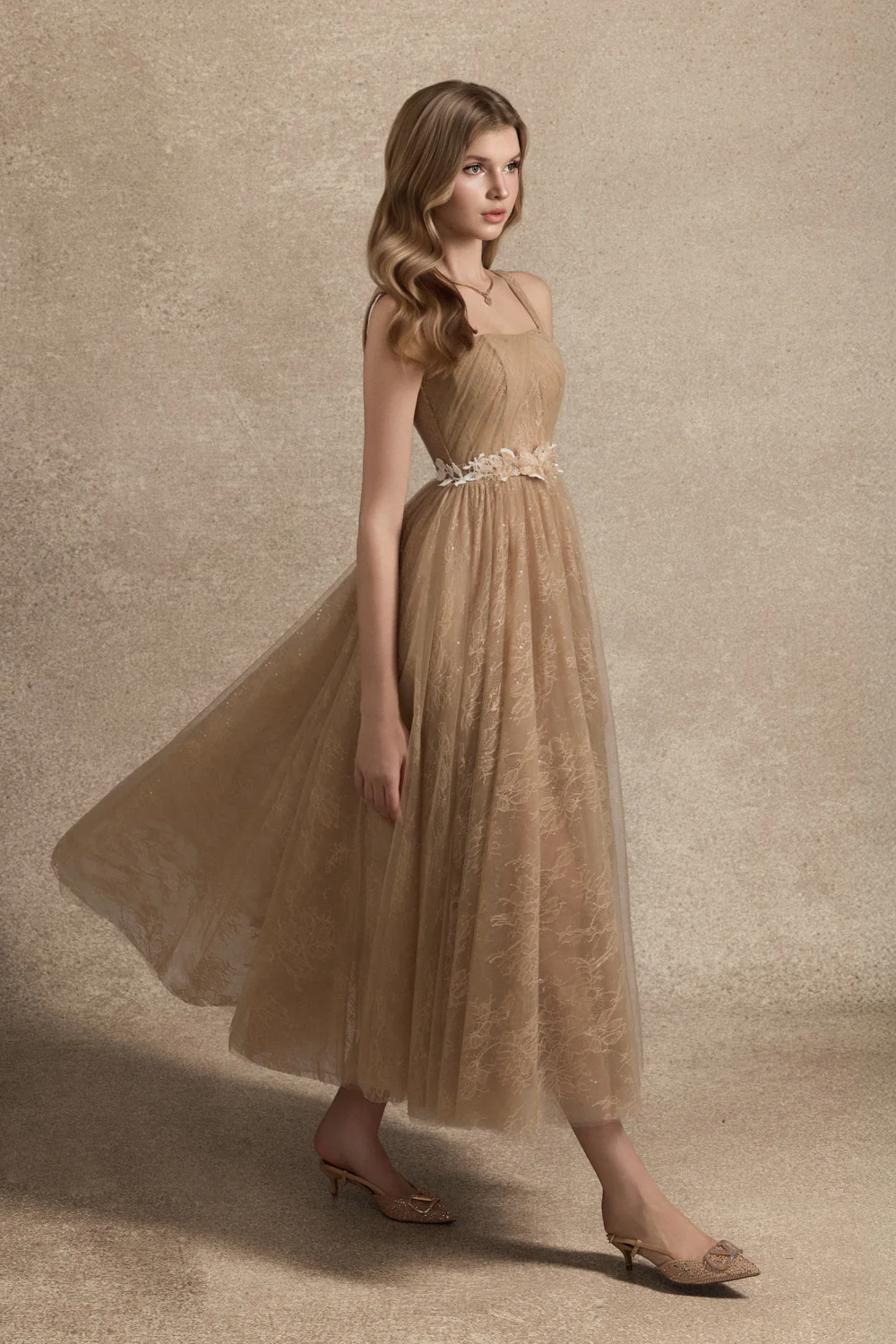 Cesleste Square Neck Lace Midi Dress