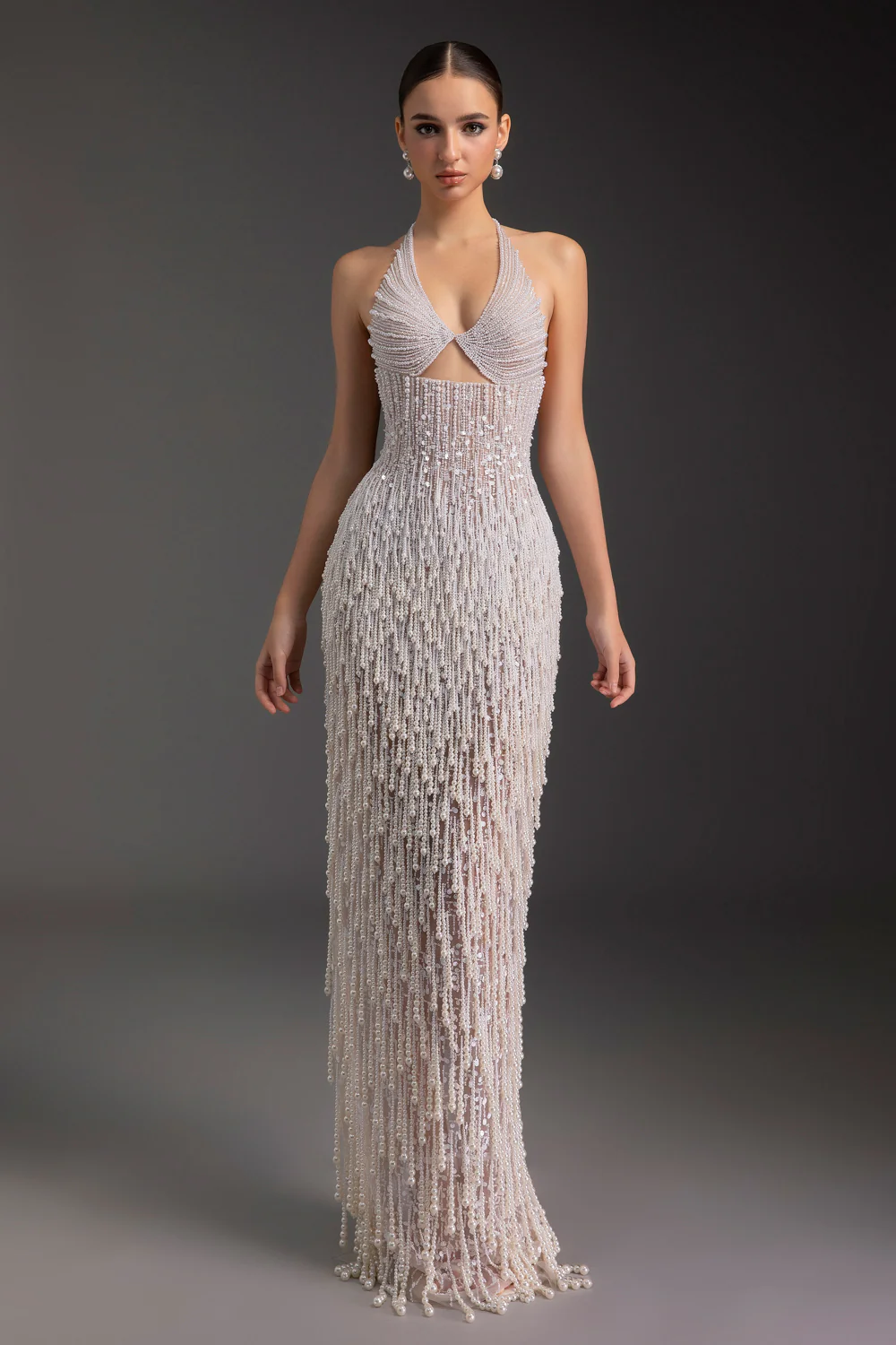 Pearl Halter Neck Bead Maxi Dress