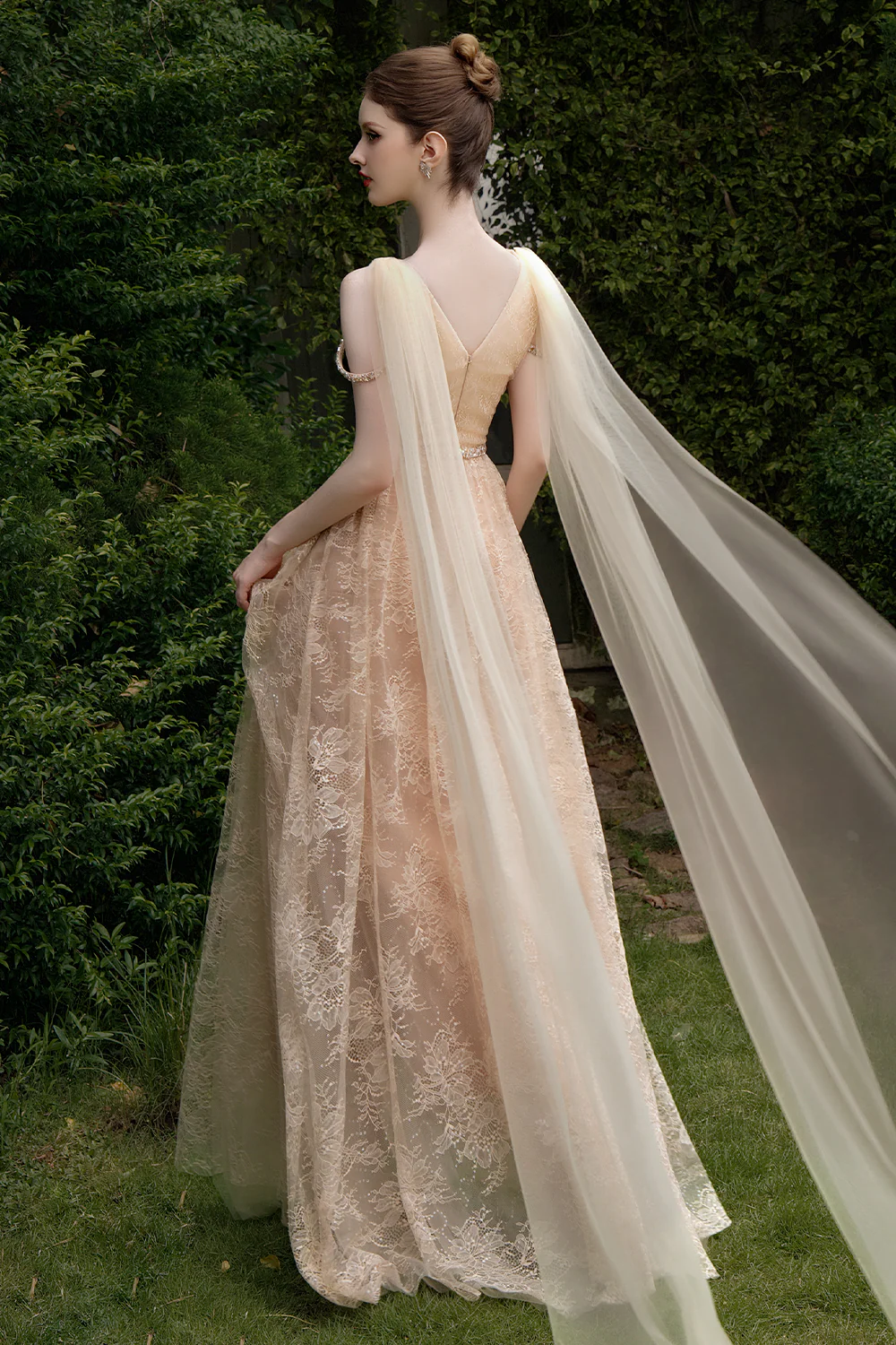 Solenne A-line V-Neck Chantilly Lace Maxi Dress