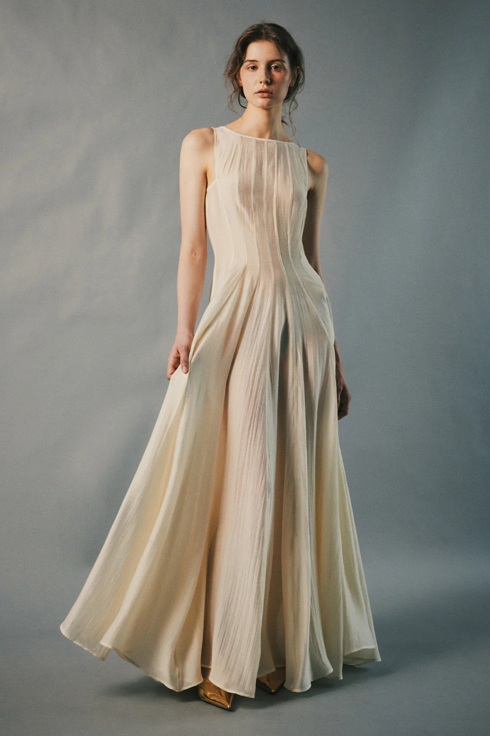 Ivory Split Boat Neck Draped Maxi Dress