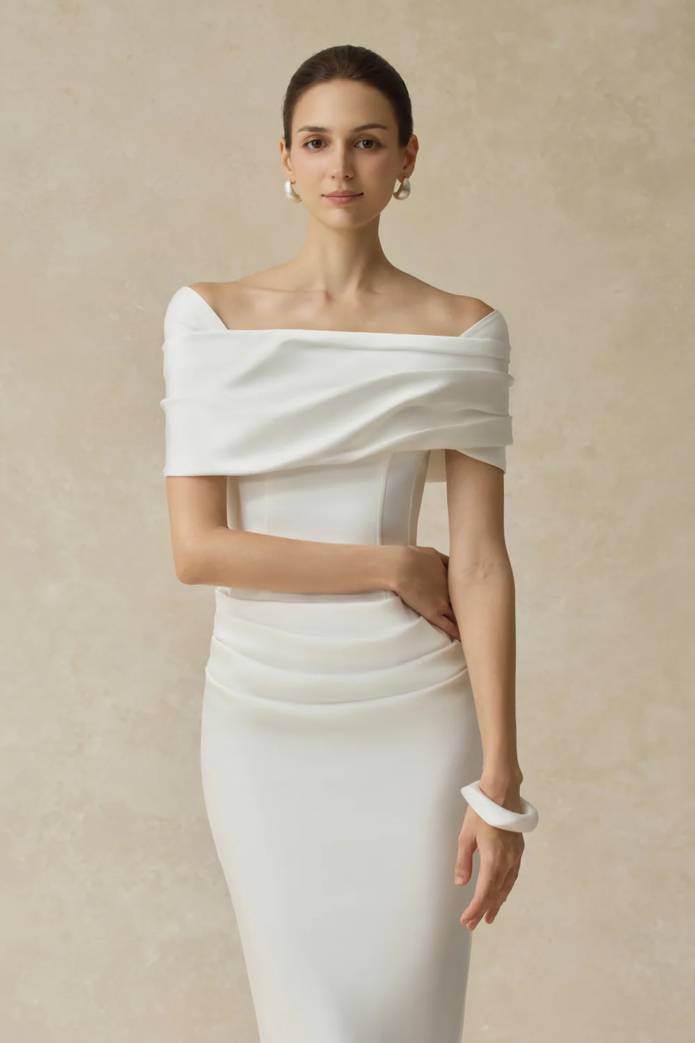 Solara Cold Shouder Sleeve Draped Midi Dress