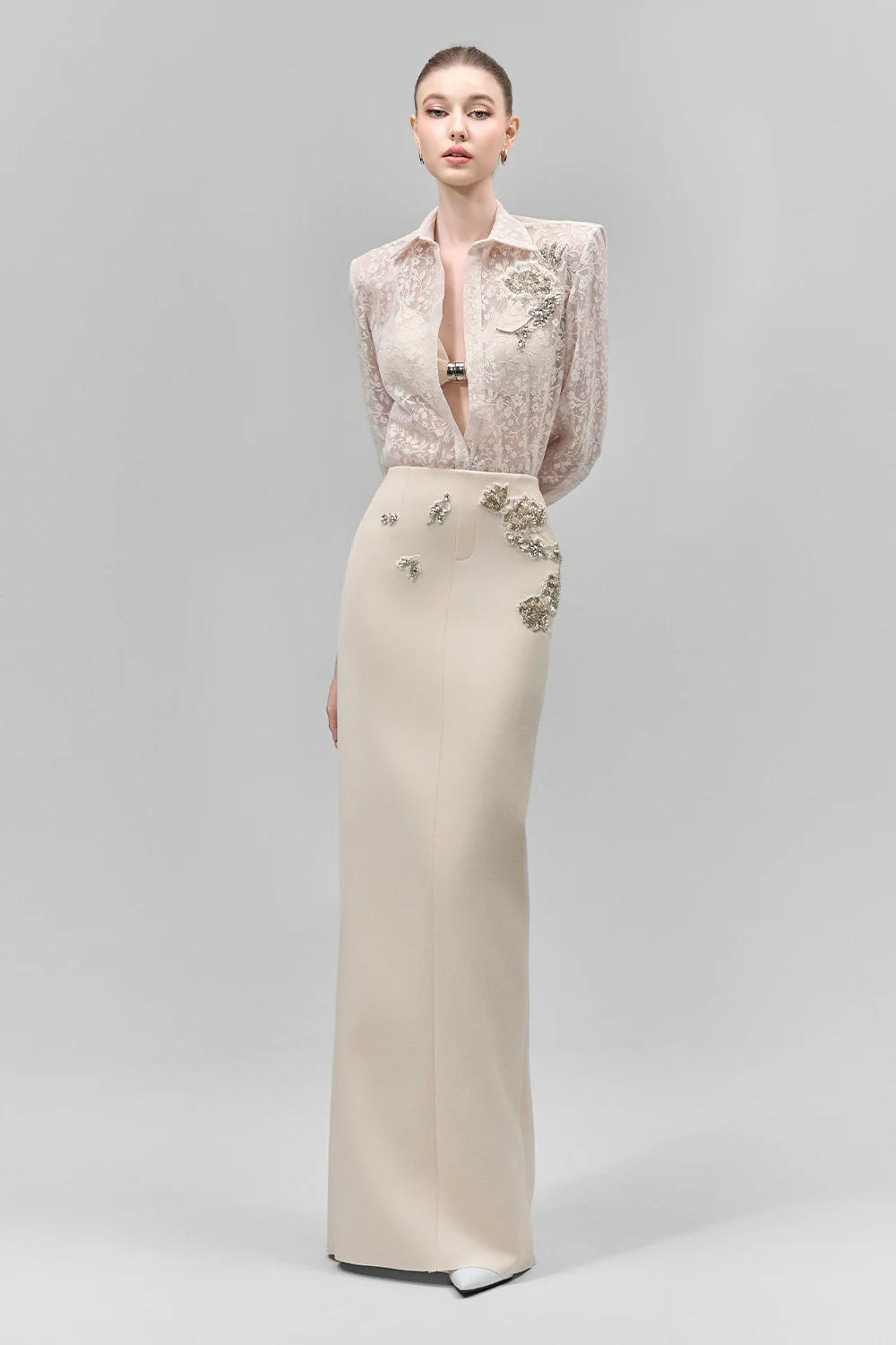 Vionne Straight Bead Crepe Floor Length Skirt