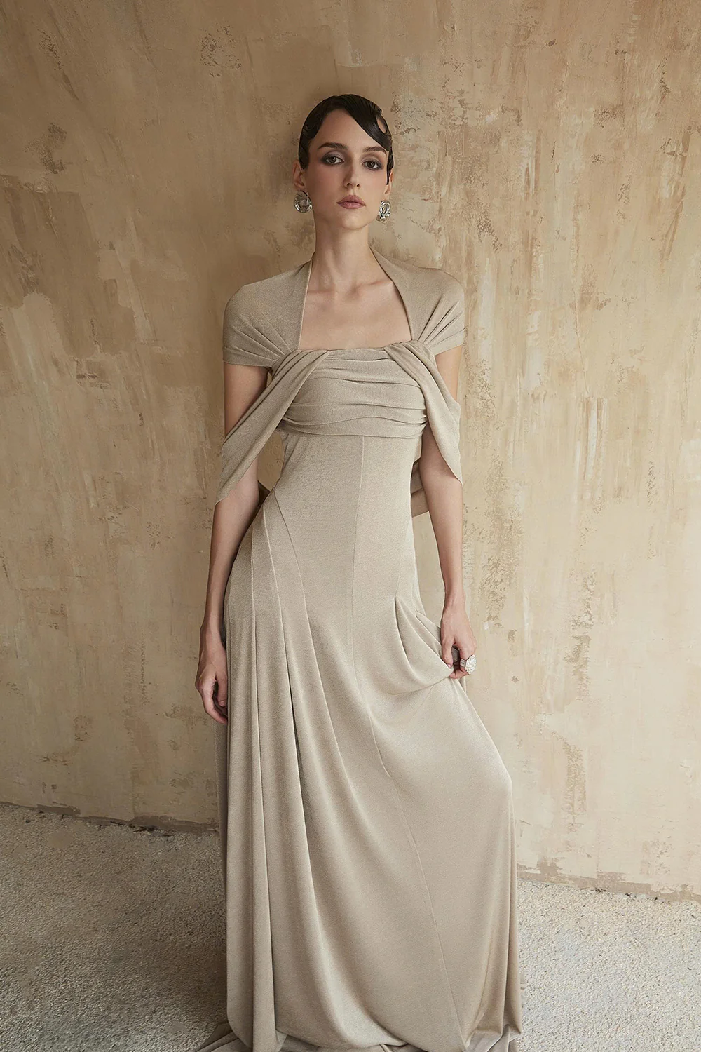 Linden Cape Sleeve Draped Maxi Dress