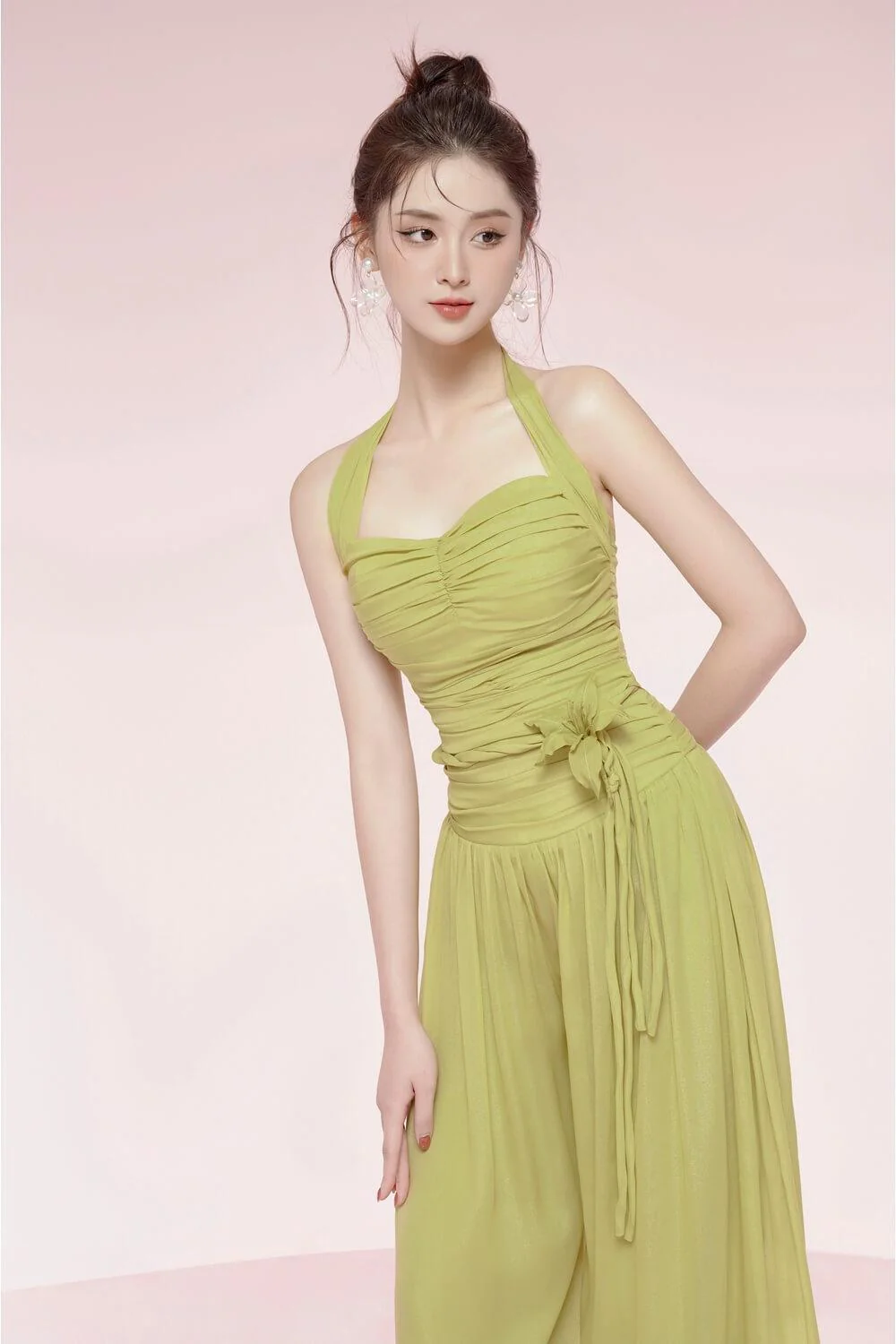 Maisara Halter Straight Silk Chiffon Floor Length Jumpsuit