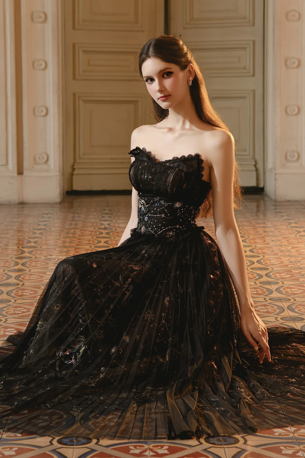 Jando A-line Sweetheart Neck Mesh Maxi Dress