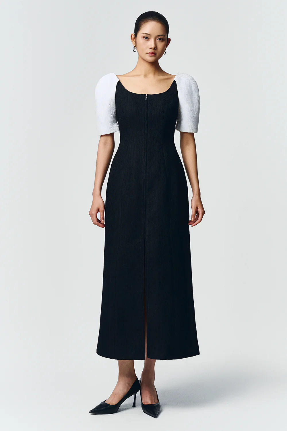 Maia Puff Sleeve Jacquard Midi Dress