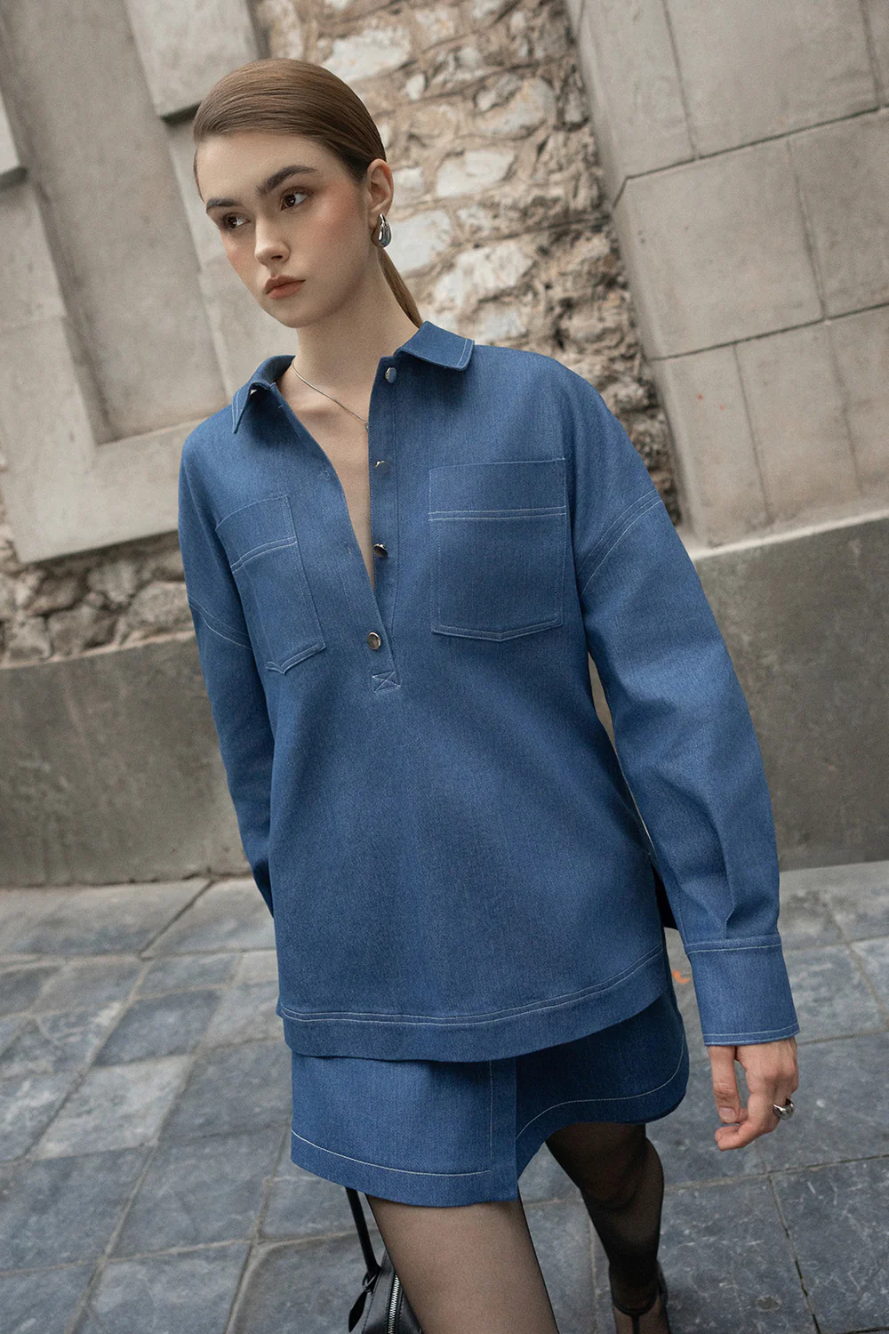 Vey Straight Collared Neck Denim Shirt