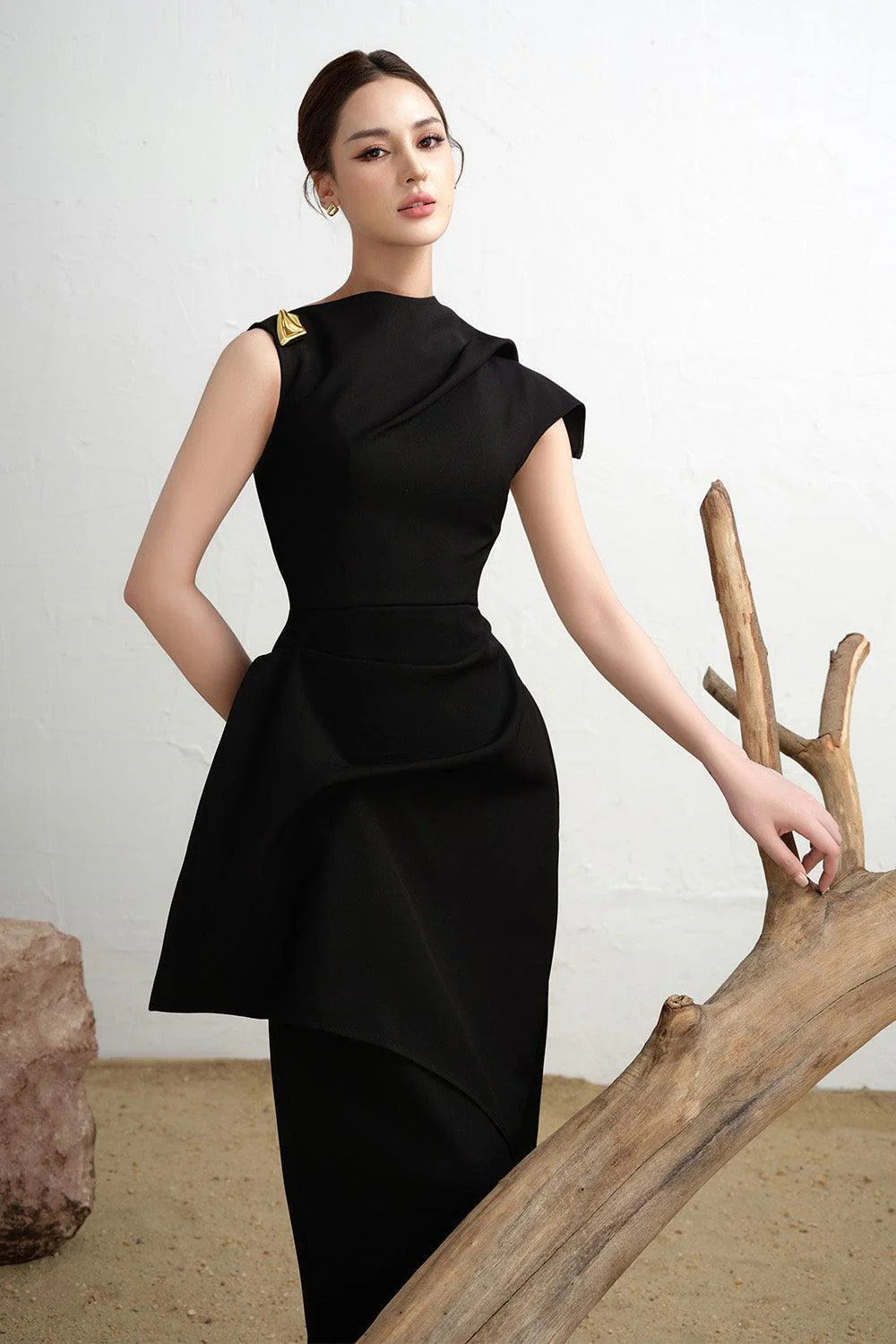 Calla Asymmetric Front Slit Twill Midi Dress