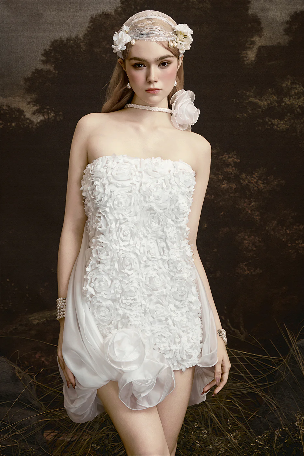 Cloudy Cape Sleeve Applique Mini Dress