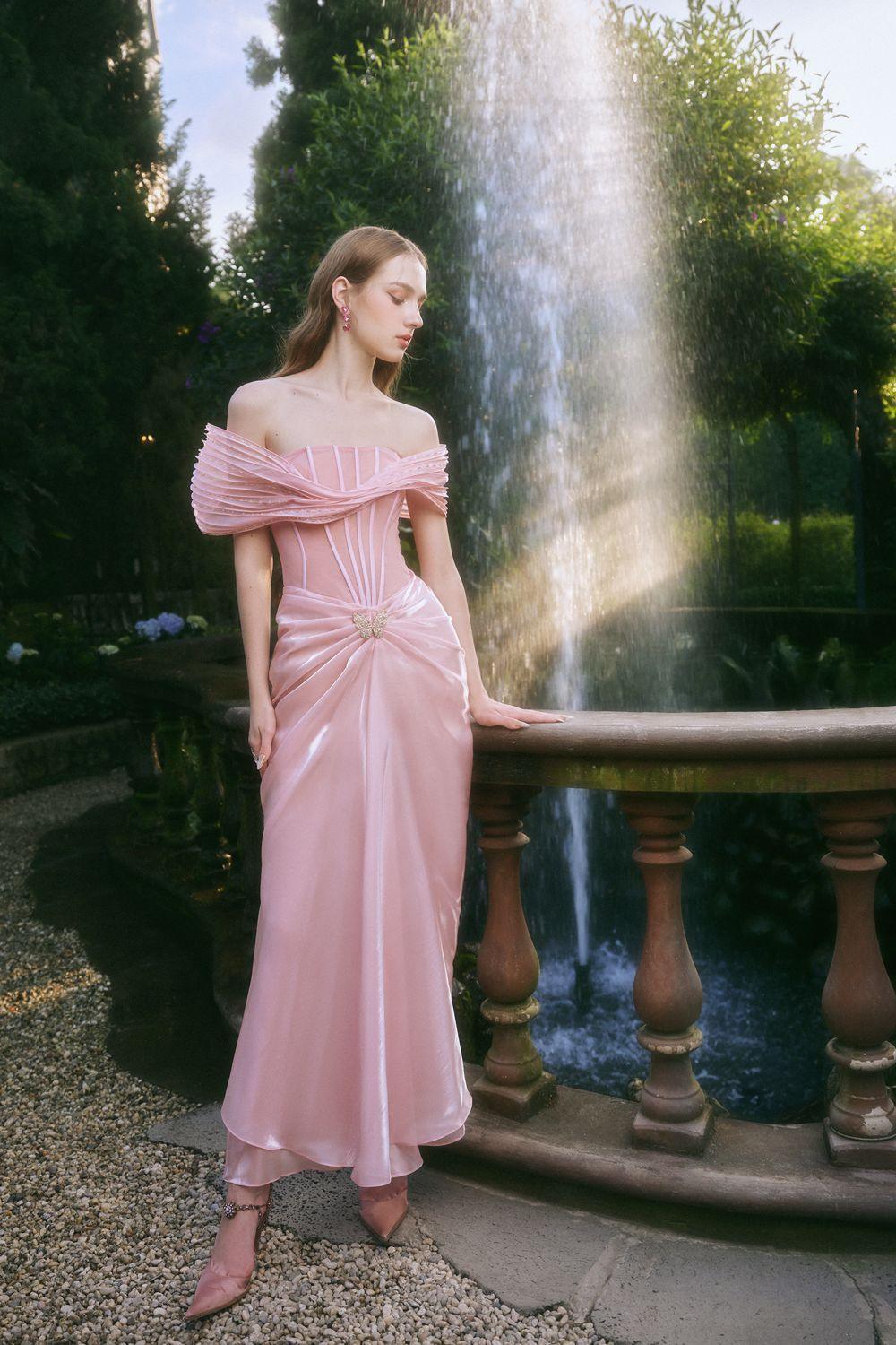 Tracy Sarong Off-Shoulder Chiffon Ankle Length Dress