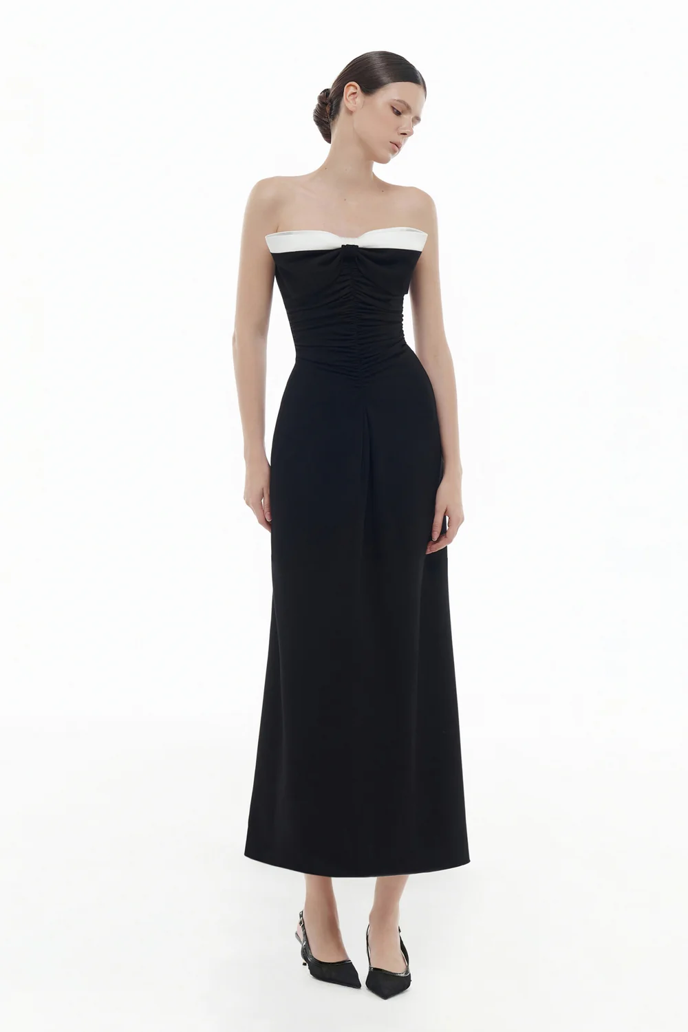 Dominique Sweetheart Draped Midi Dress