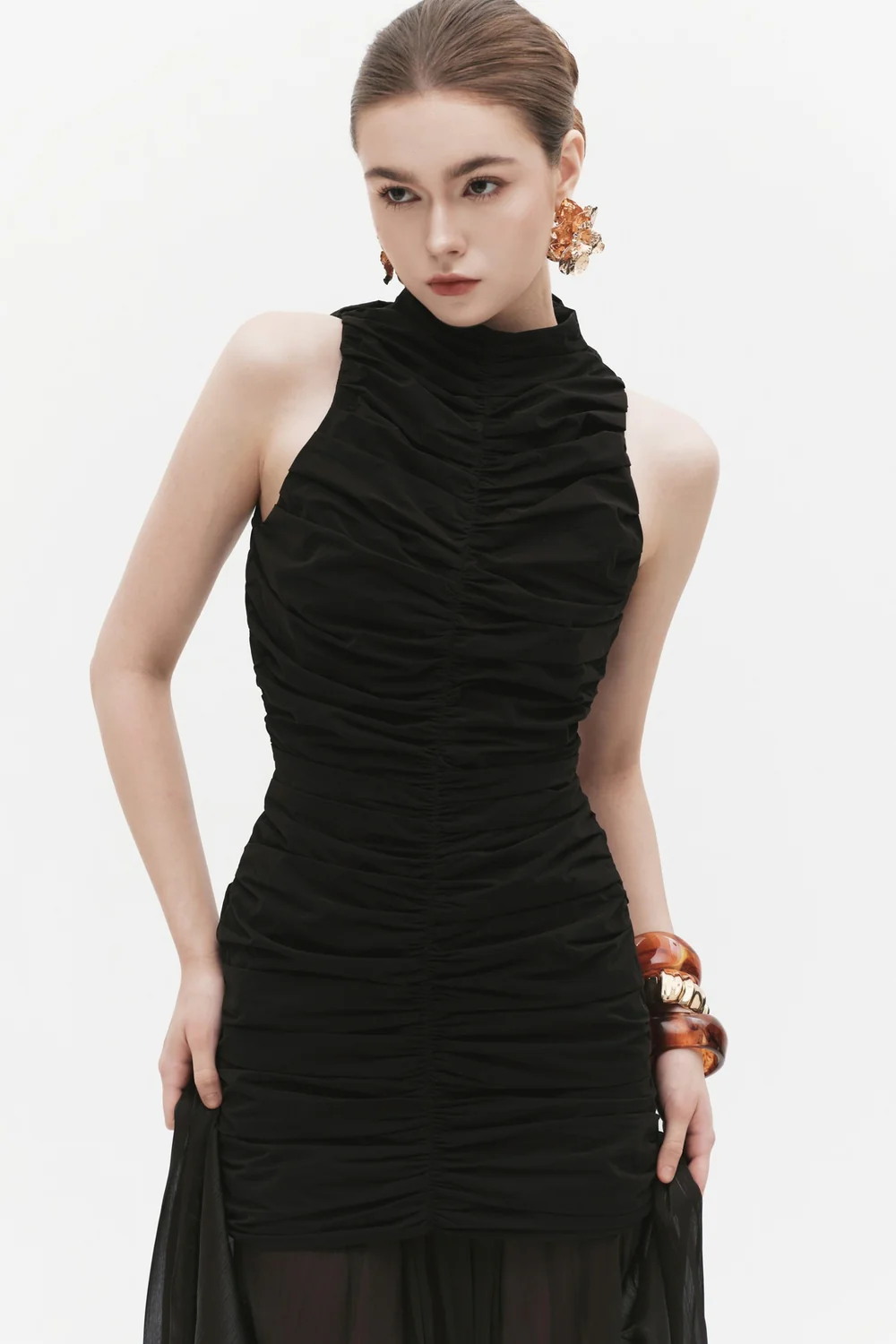 Evelyn High Neck Gathering Mini Dress