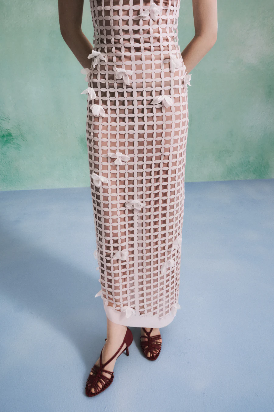 Amani Sheath Flower Applique Chiffon Maxi Dress