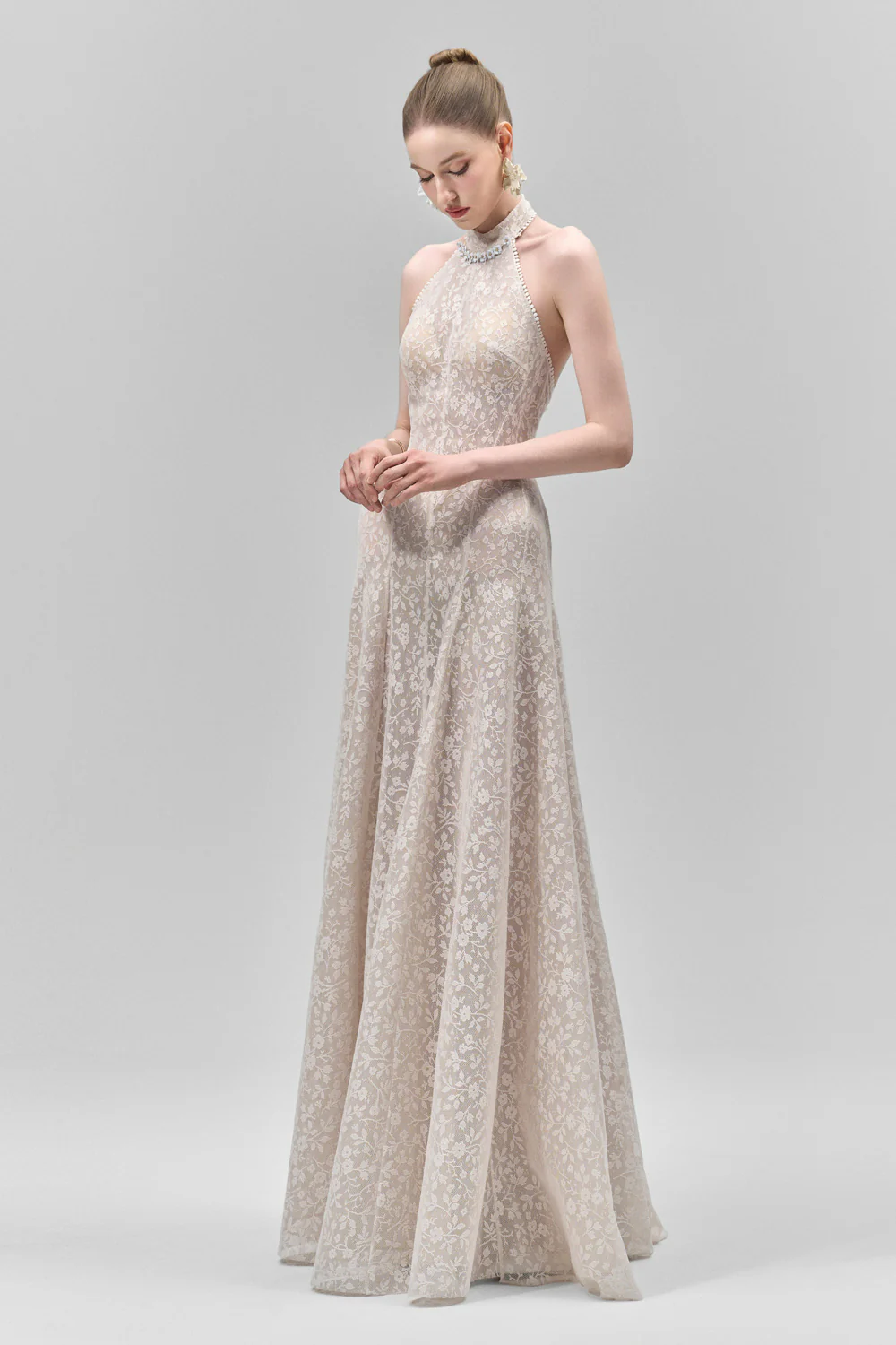 Aurelia A-line Halter Neck Lace Floor Length Dress