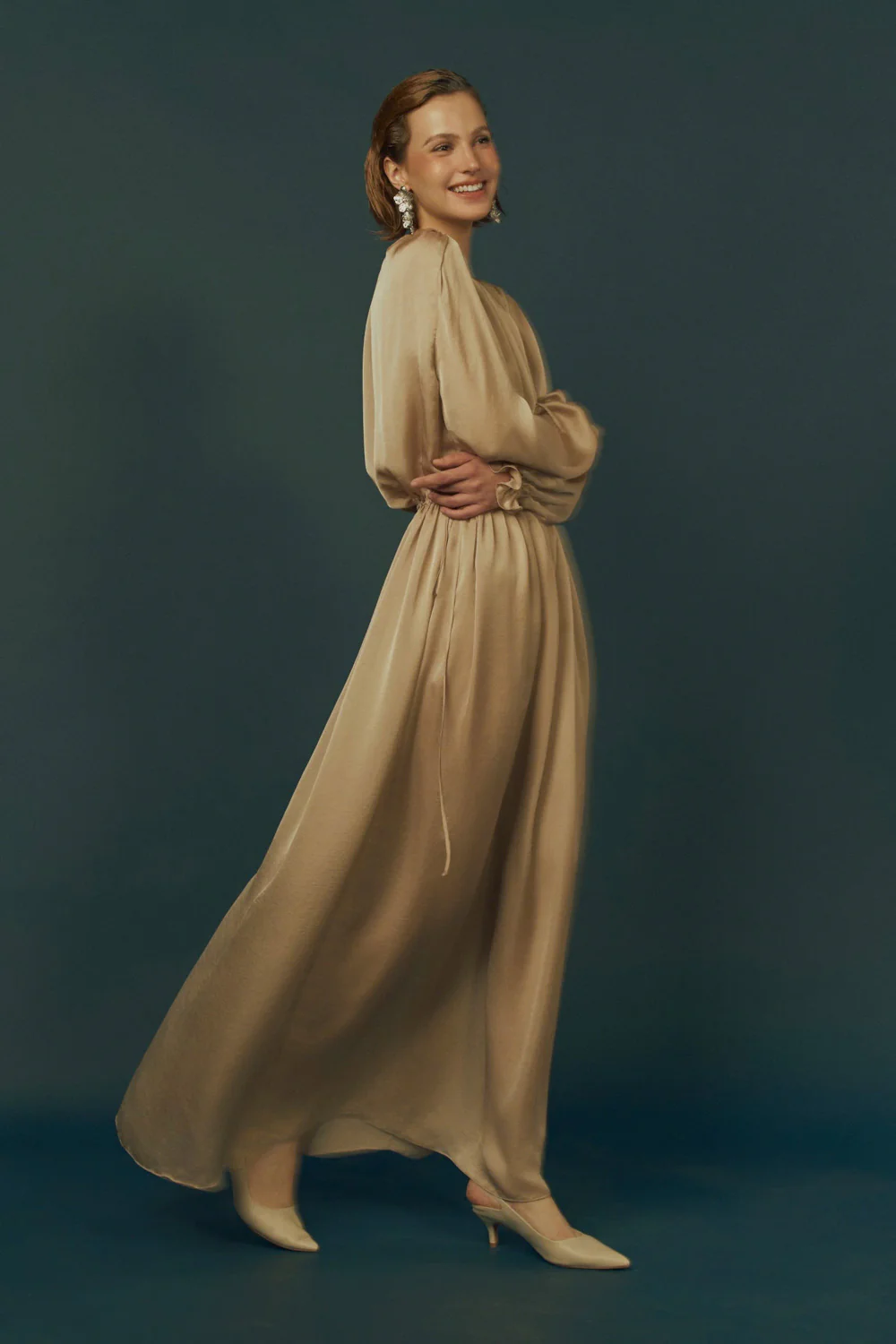 Haze Blouson Bishop Sleeved Poly Silk Maxi Dress