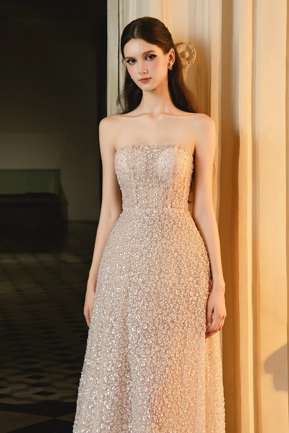 Harding A-line Straight Across Neck Mesh Midi Dress