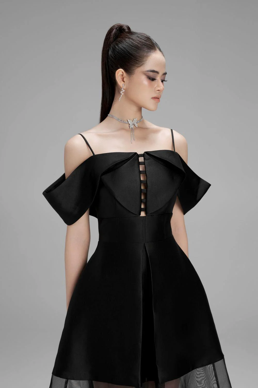 Lily A-line Cold Shoulder Sleeved Taffeta Midi Dress