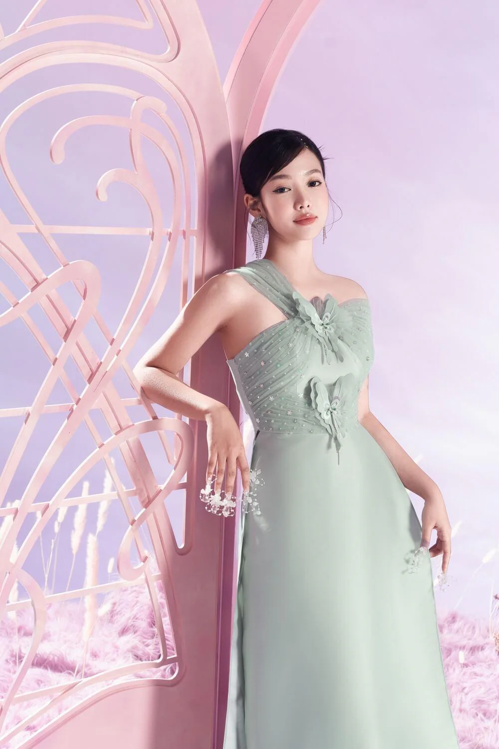 Juven Fitted Strappy Taffeta Extra Long Length Ao Dai Set