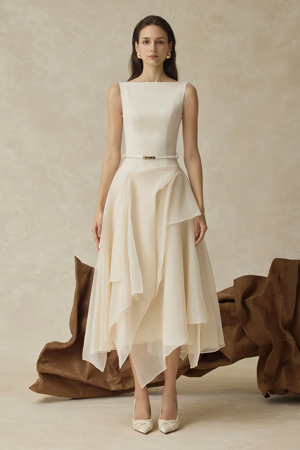 Seraphelle Cape Sleeve Ruffle Midi Dress