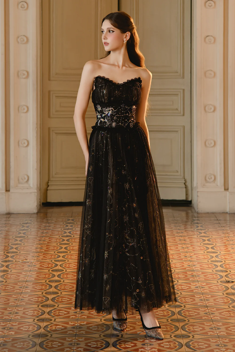 Jando A-line Sweetheart Neck Mesh Maxi Dress