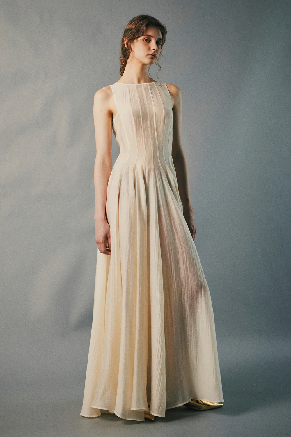 Ivory Split Boat Neck Draped Maxi Dress