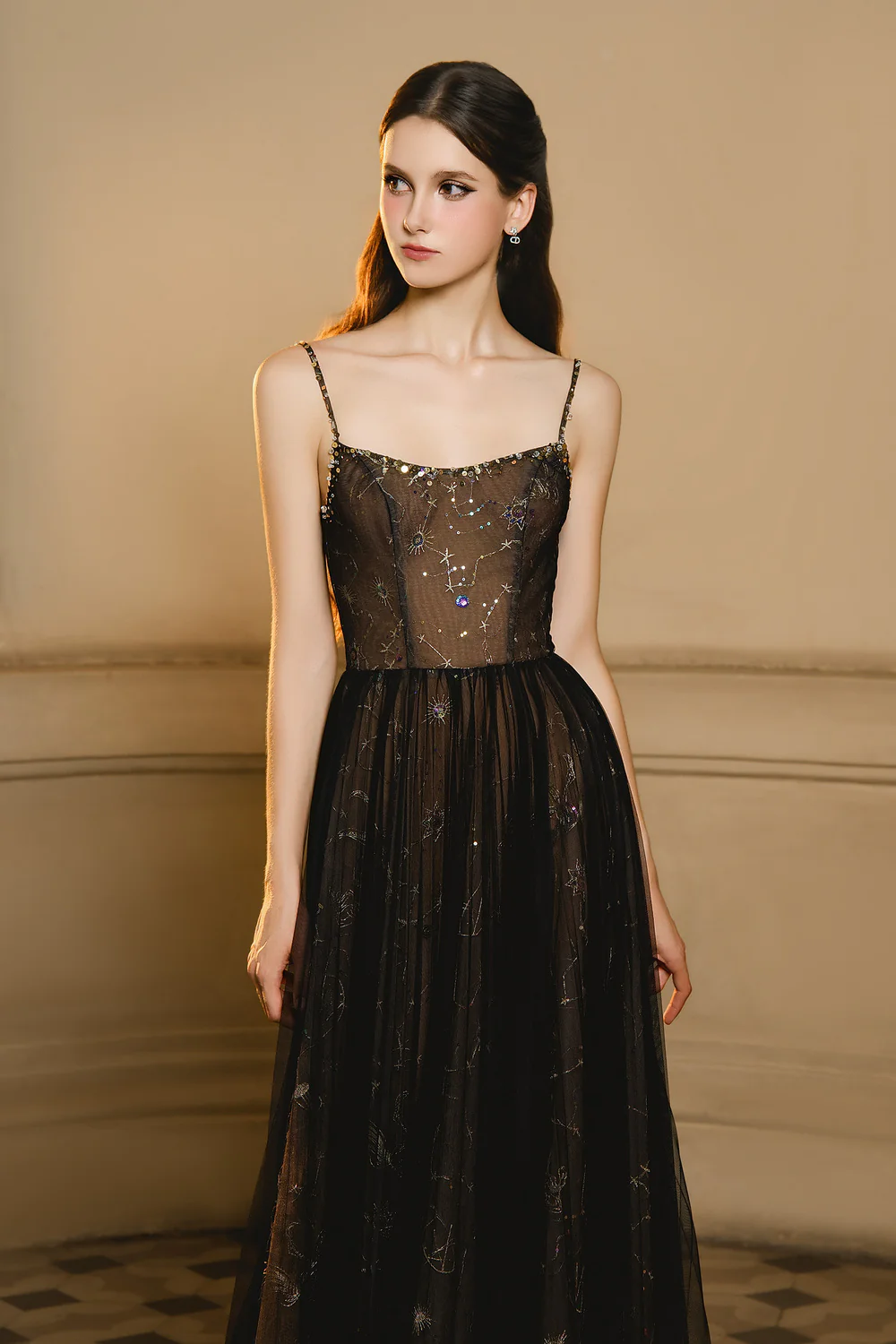 Delin A-line Spaghetti Strap Mesh Maxi Dress