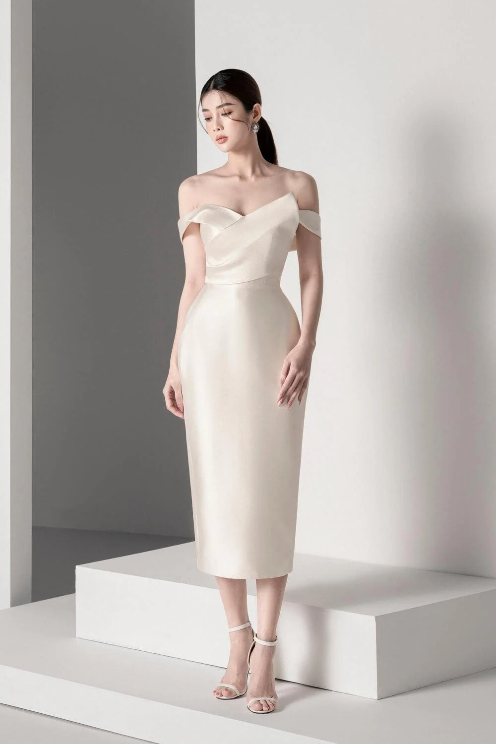 Mina Pegged Off-Shoulder Trerena Taffeta Midi Dress