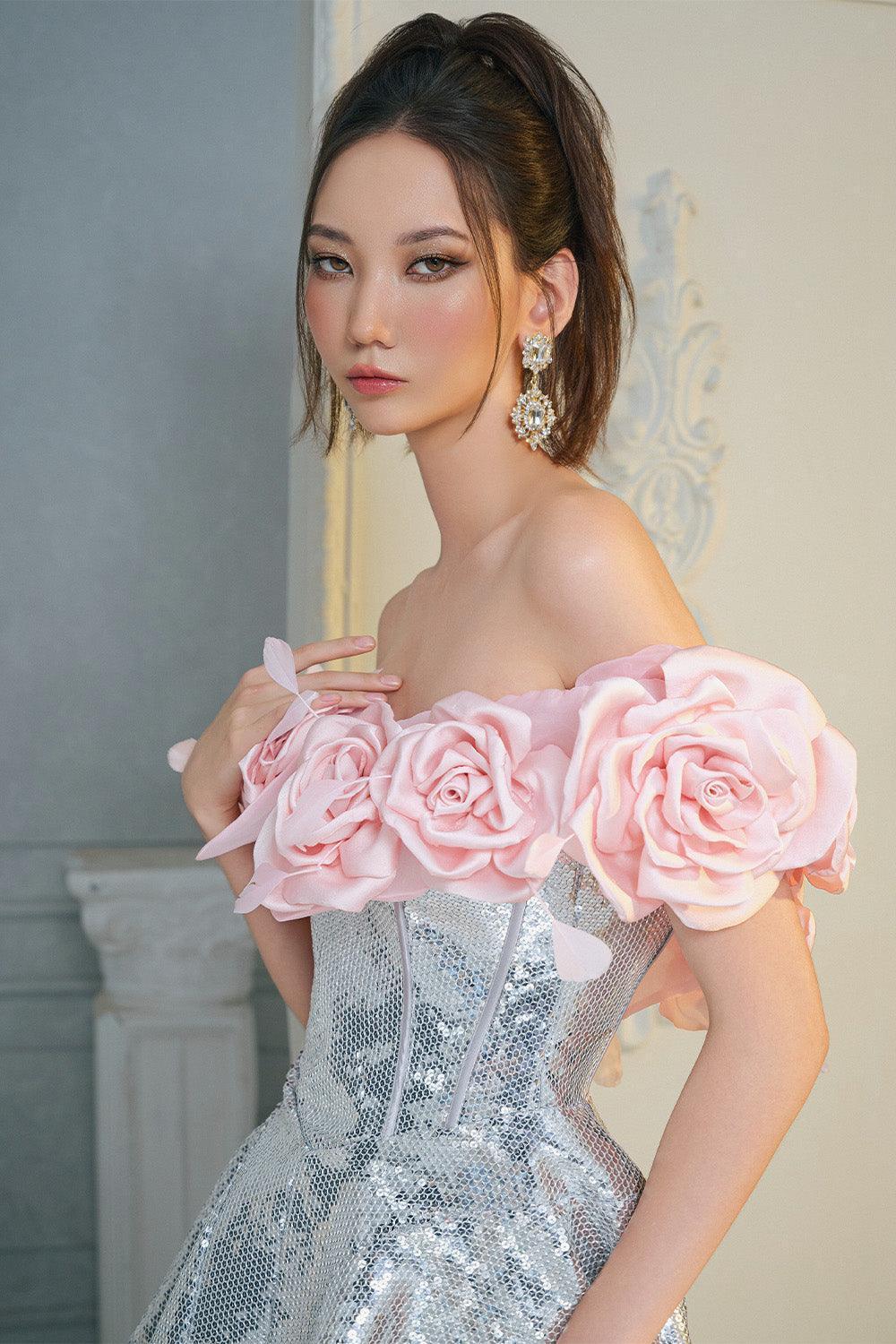 Mina Rose Fit and Flare Off-Shoulder Sequin Mini Dress