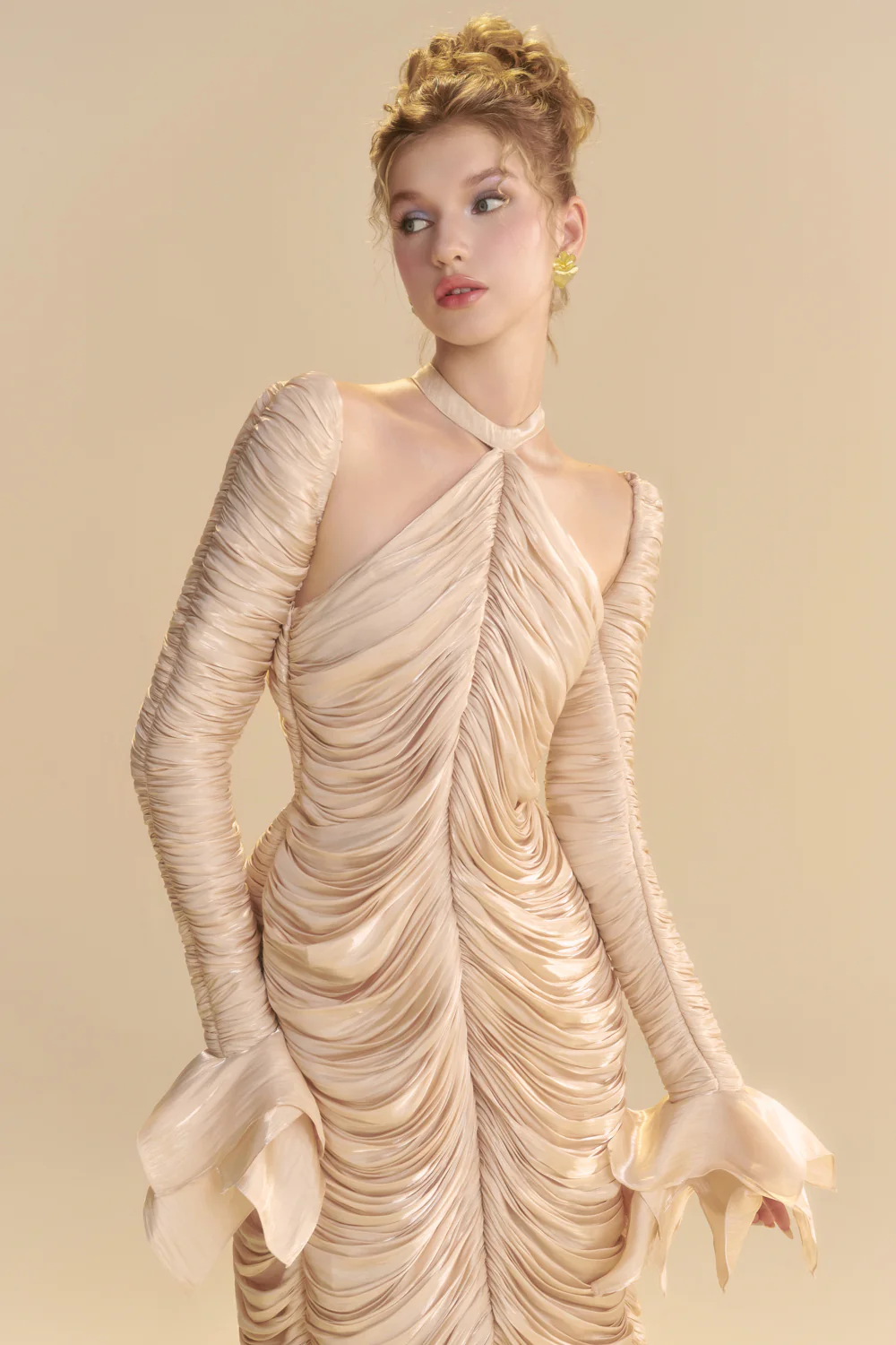 Solenne Halter Neck Ruffle Midi Dress