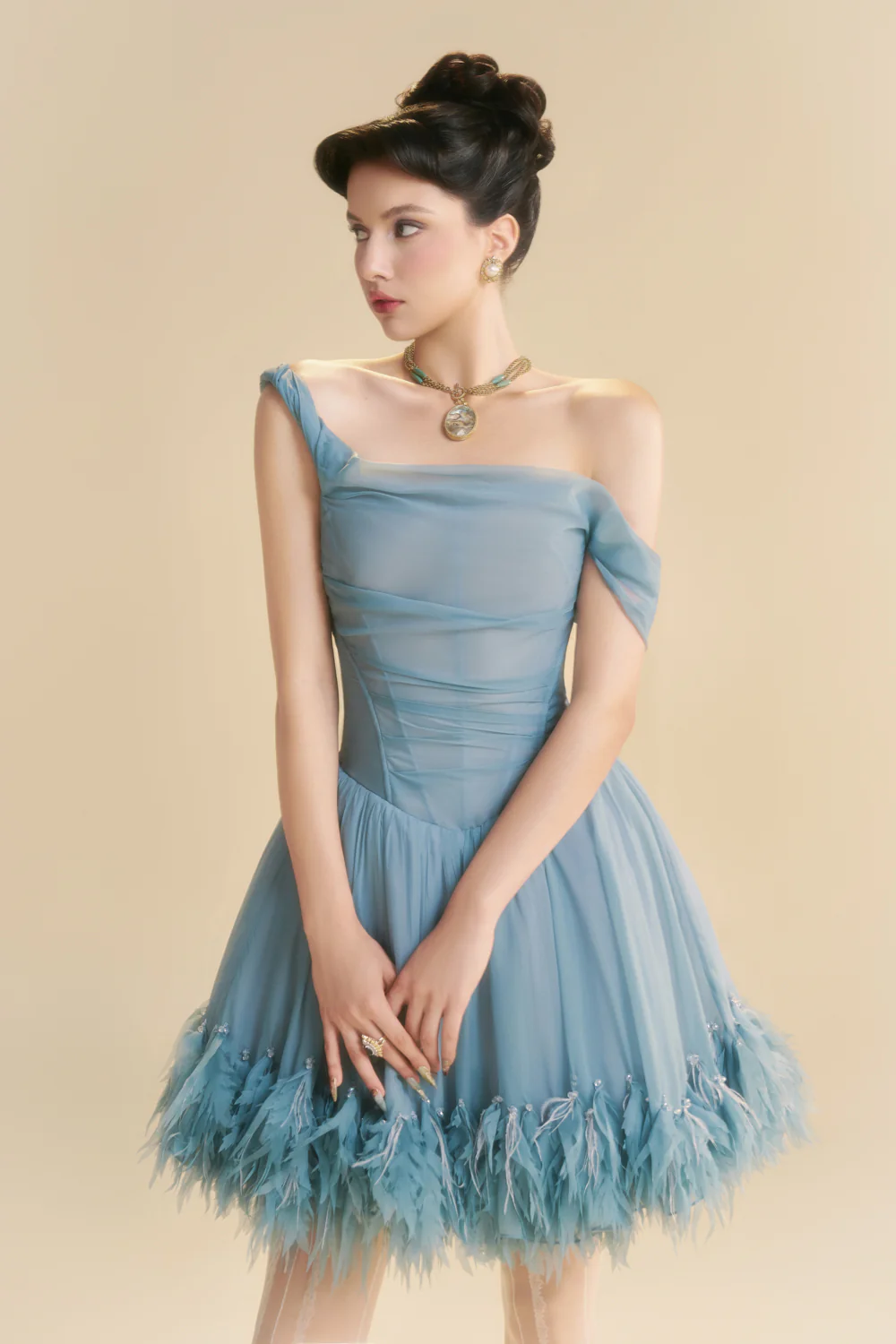 Nuvielle Asymmetric Neck Feather Mini Dress