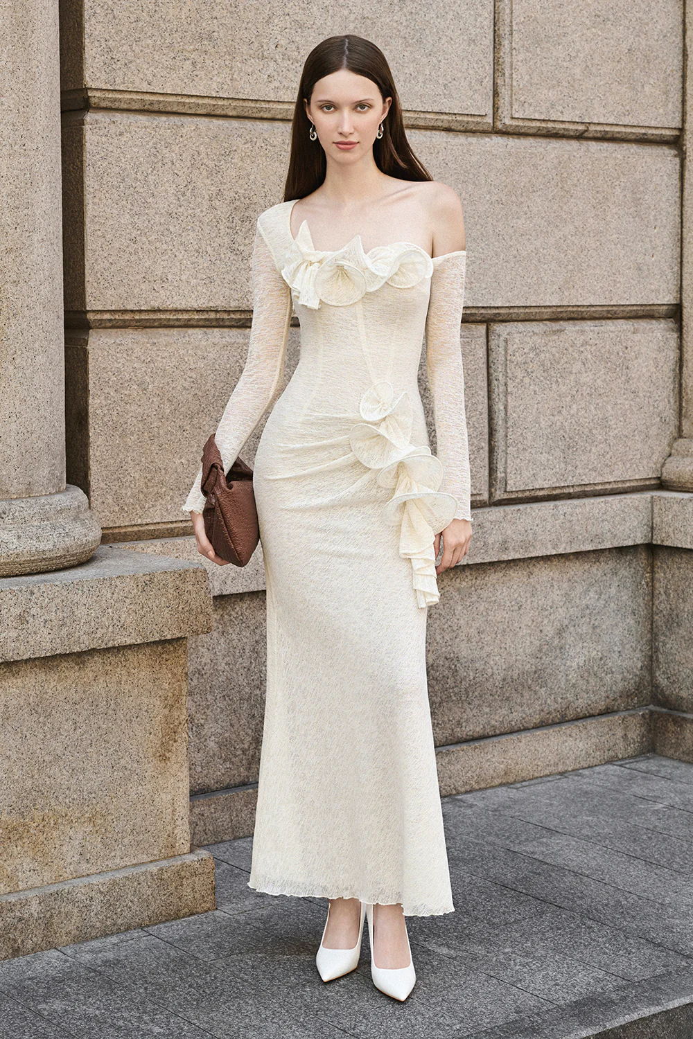 Bloom Asymmetric Sleeve Ruffe Maxi Dress