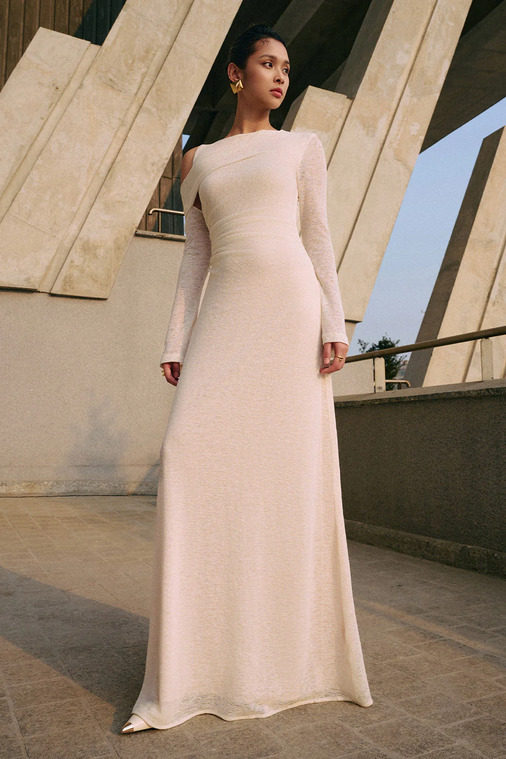 Anya A-line Asymmetric Sleeved Spandex Floor Length Dress