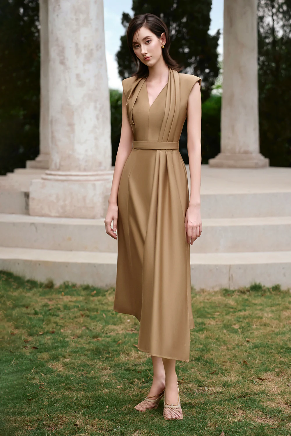 Camel V-Neck Pleated Midi Dress