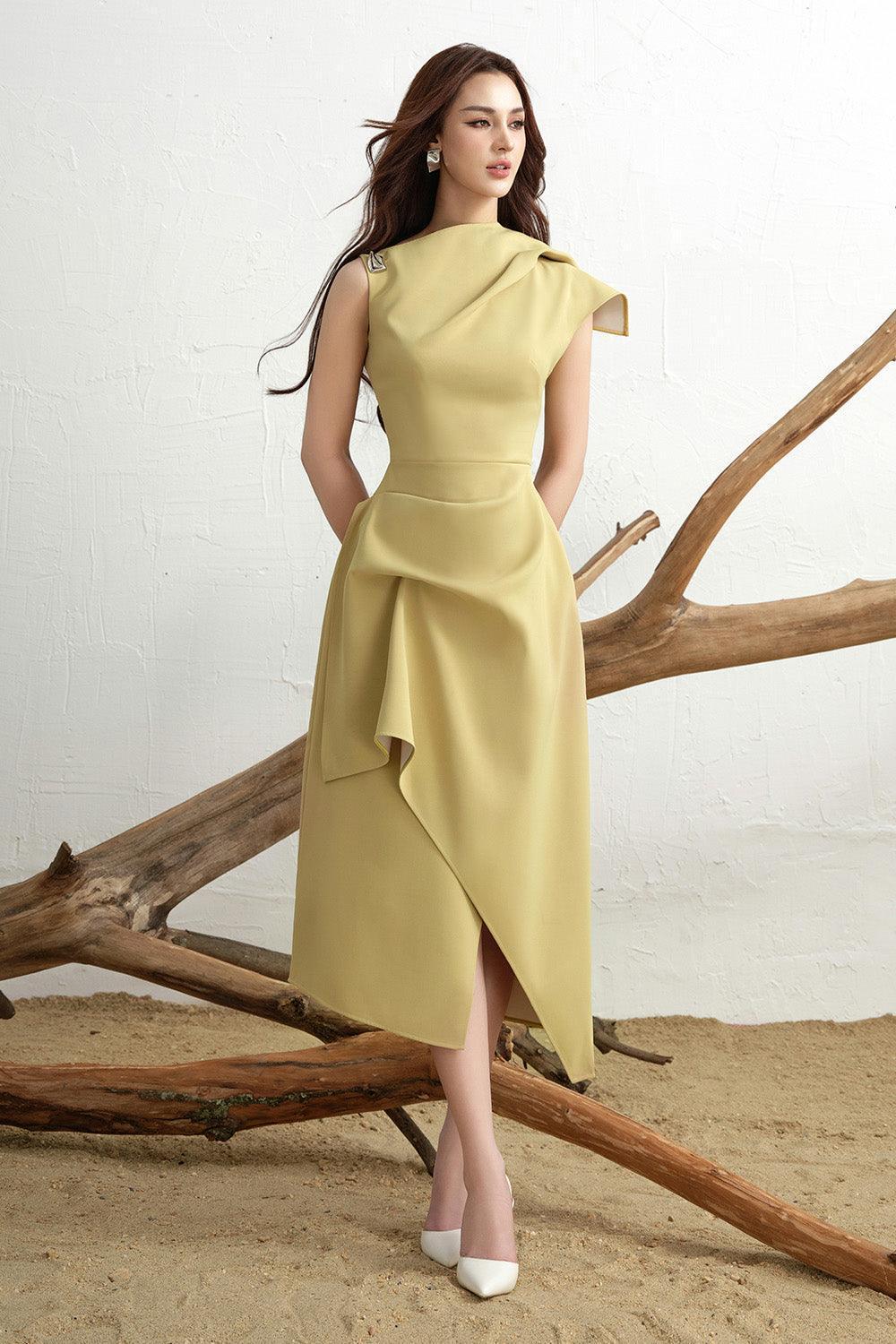 Calla Asymmetric Front Slit Twill Midi Dress