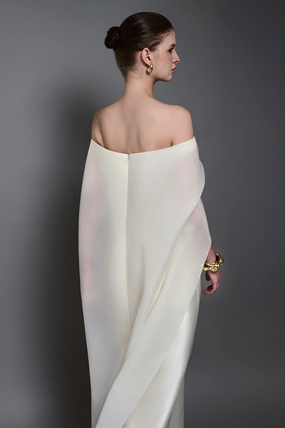 Solenne Straight Cape Sleeved Taffeta Maxi Dress