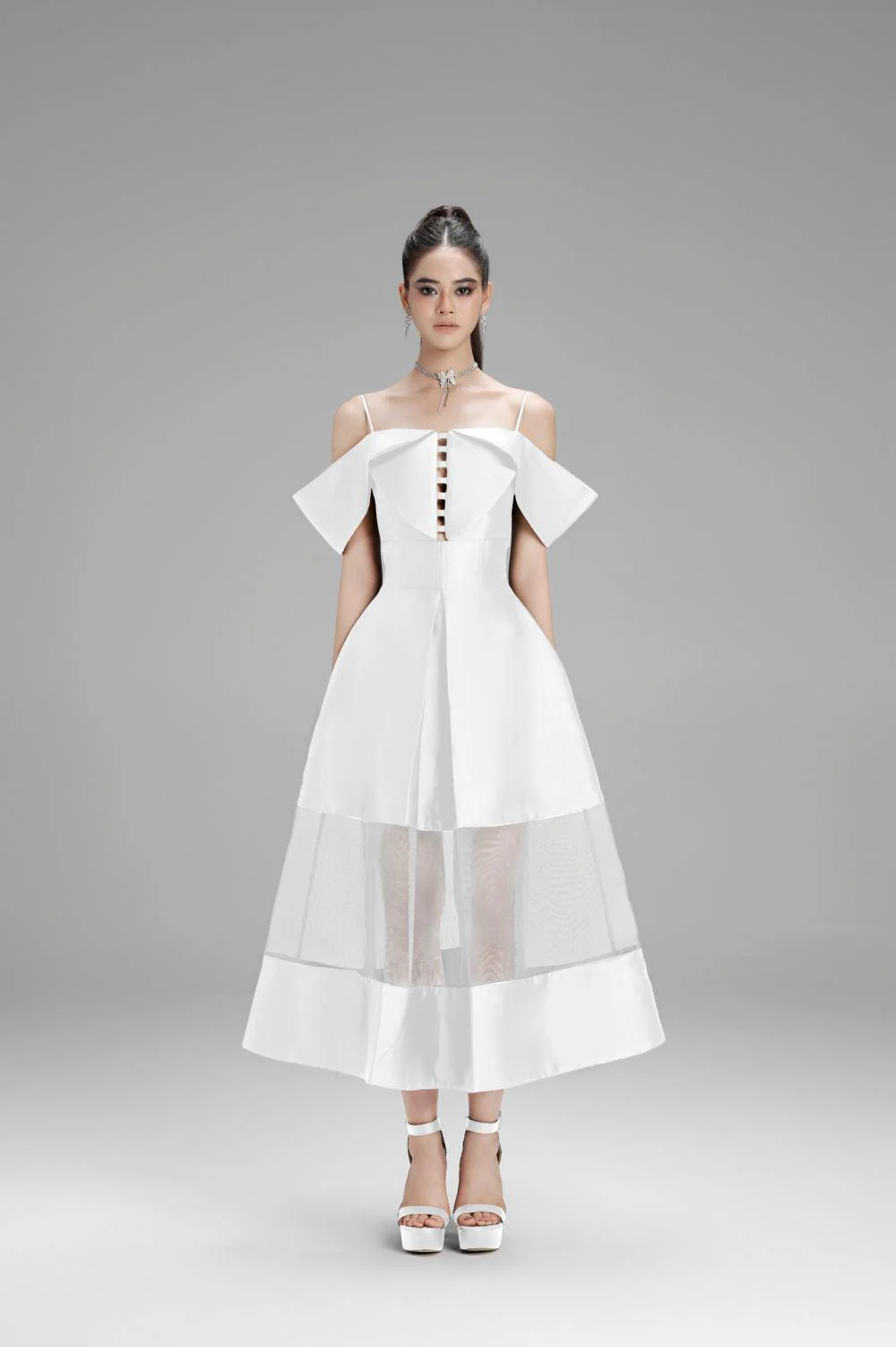 Lily A-line Cold Shoulder Sleeved Taffeta Midi Dress