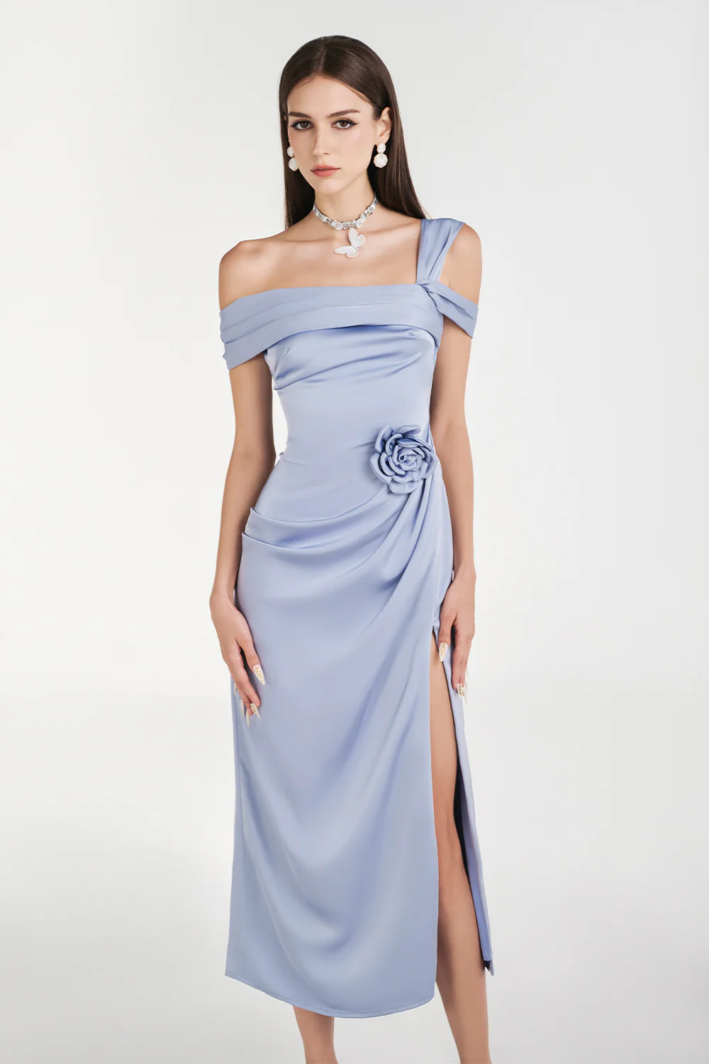 Dinna Slit Asymmetric Neck Silk Calf Length Dress