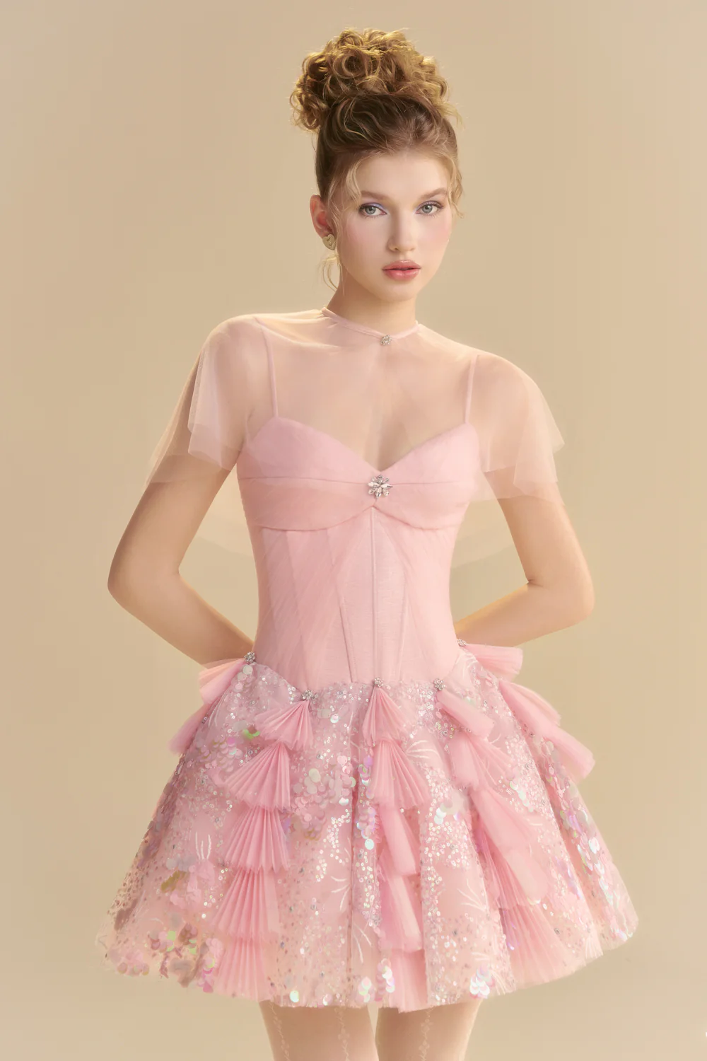 Blush Cape Sleeve Sequin Mini Dress