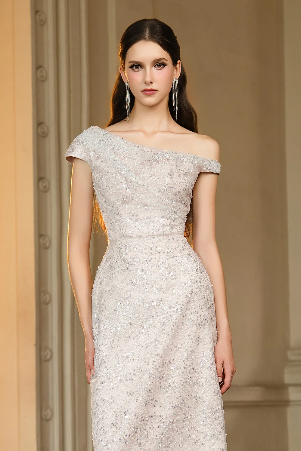 Jonathan Sheath Asymmetric Neck Sequin Maxi Dress