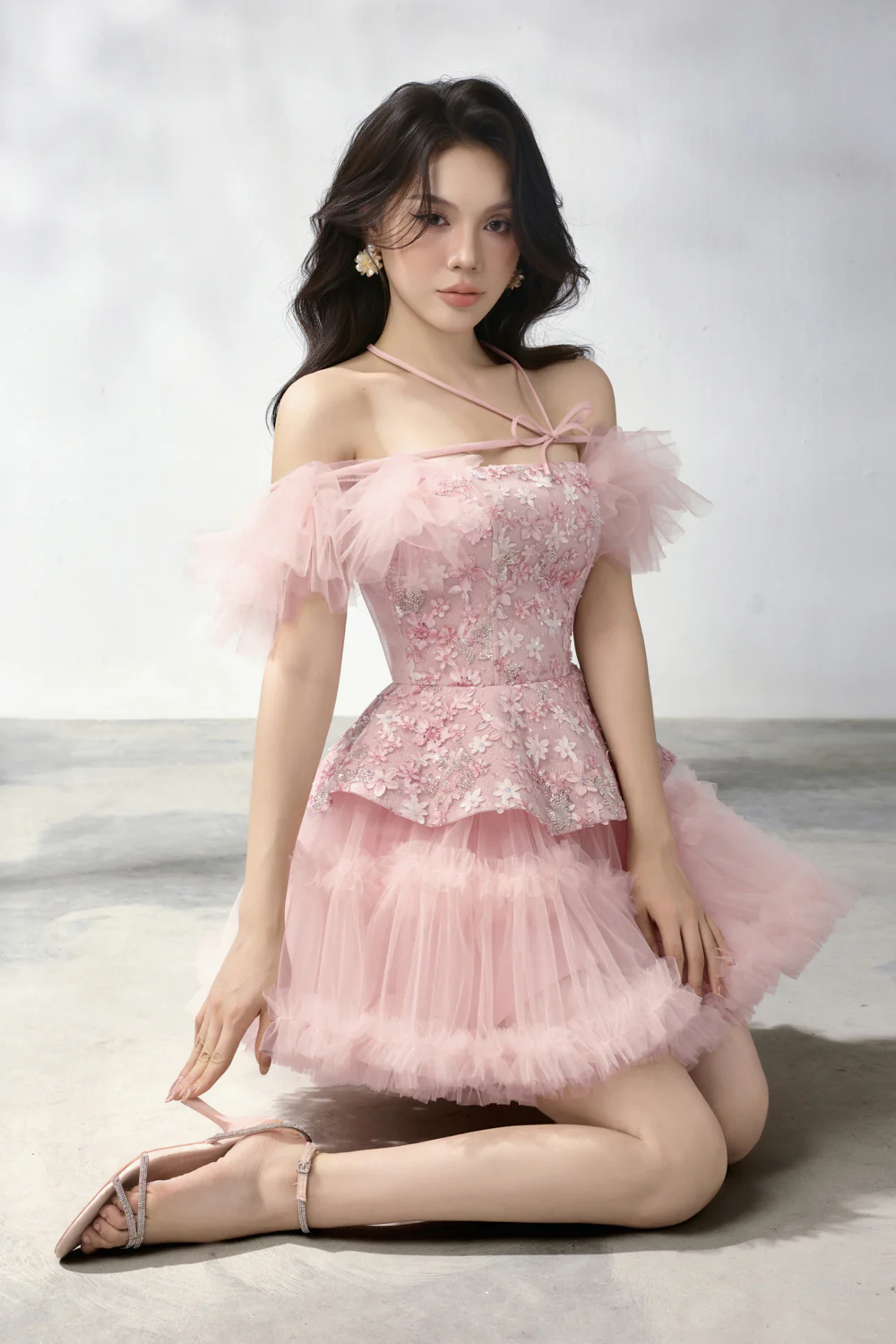 Opal A-line Cold Shoulder Sleeved Mesh Taffeta Mini Dress