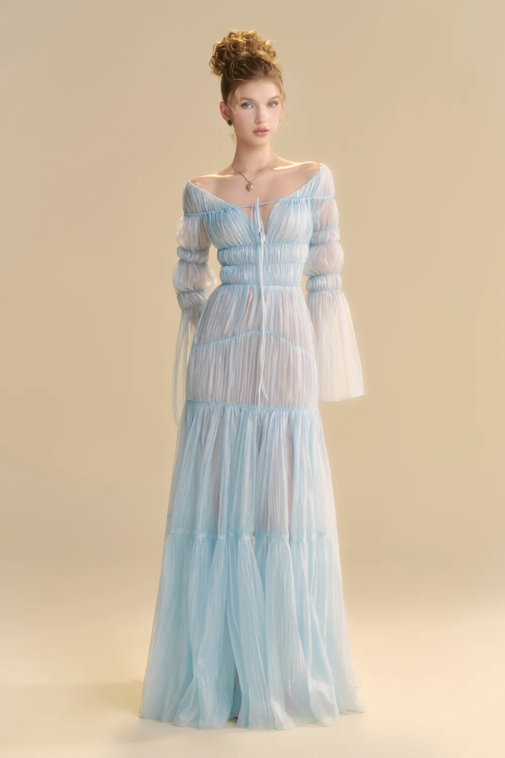 Aquarelle Poet Sleeve Gathering Maxi Dress