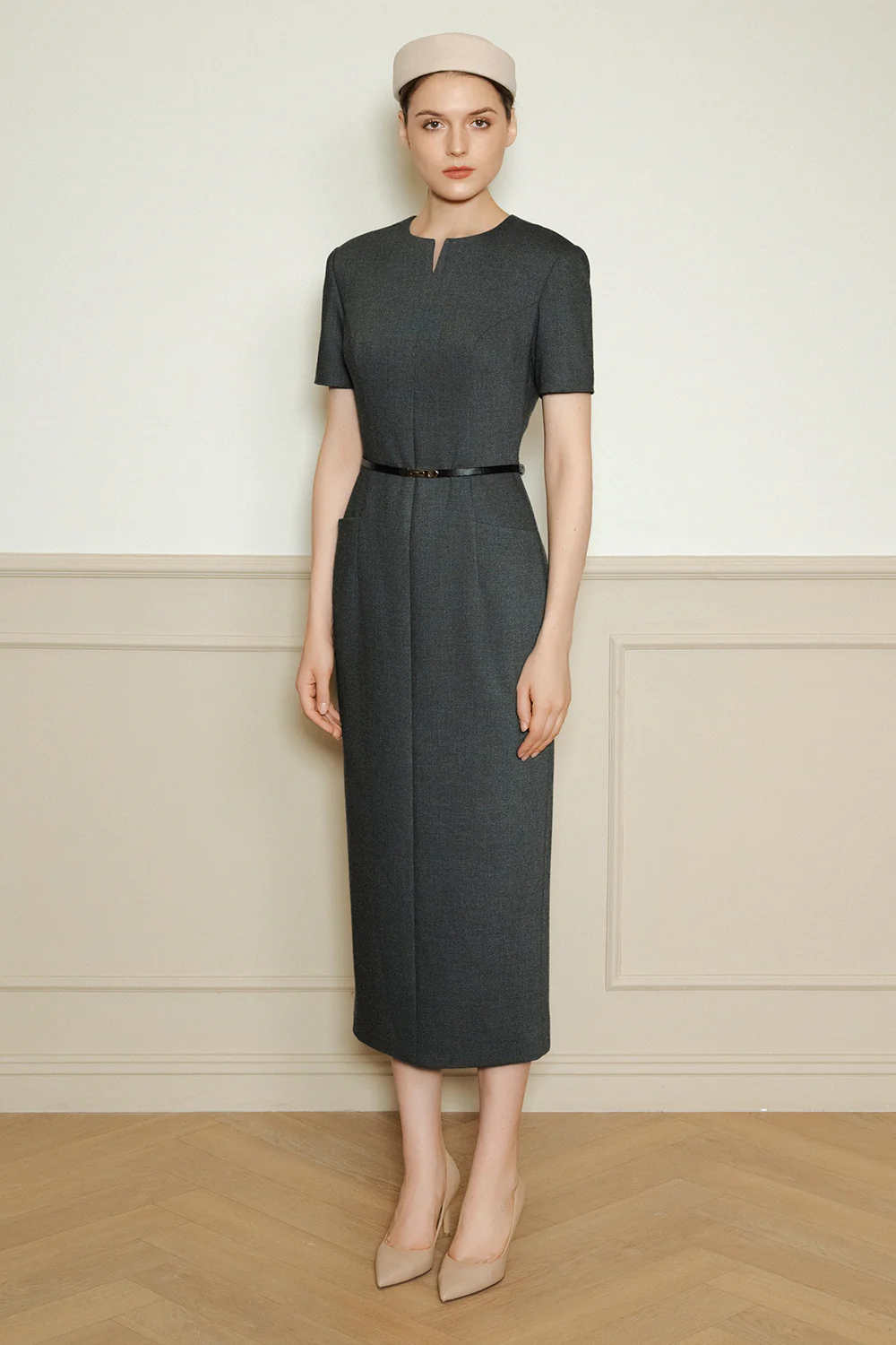 Isabella Notch Neck Wool Midi Dress