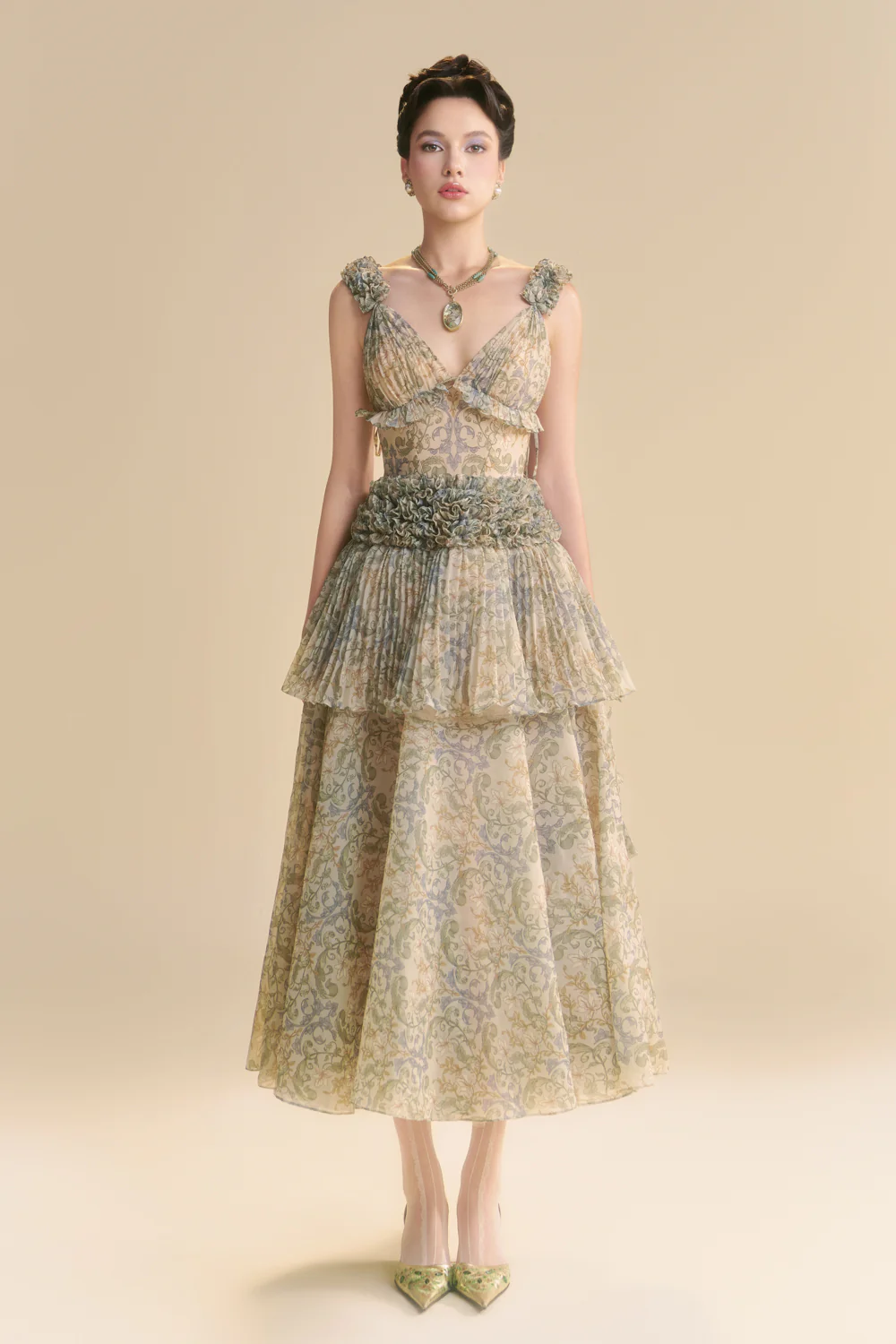 Velezia V-Neck Pleated Midi Dress