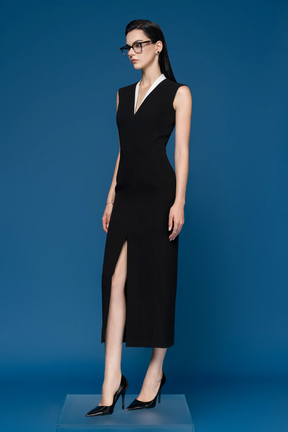 Vincent Sheath Front Slit Silk Crepe Midi Dress