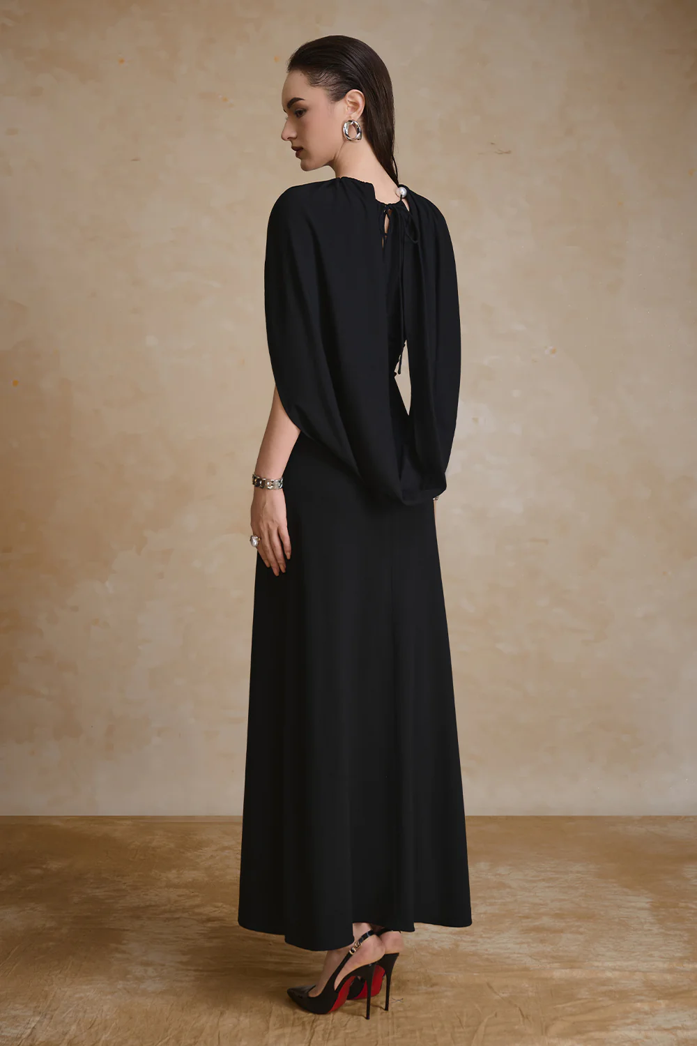 Radiant Cape Sleeve Gathering Maxi Dress