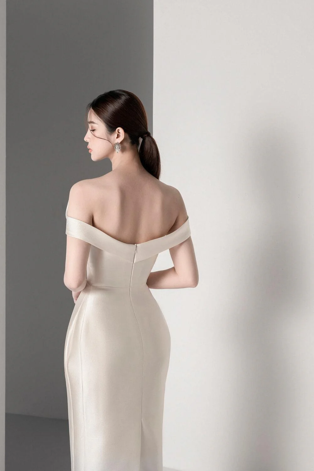 Mina Pegged Off-Shoulder Trerena Taffeta Midi Dress